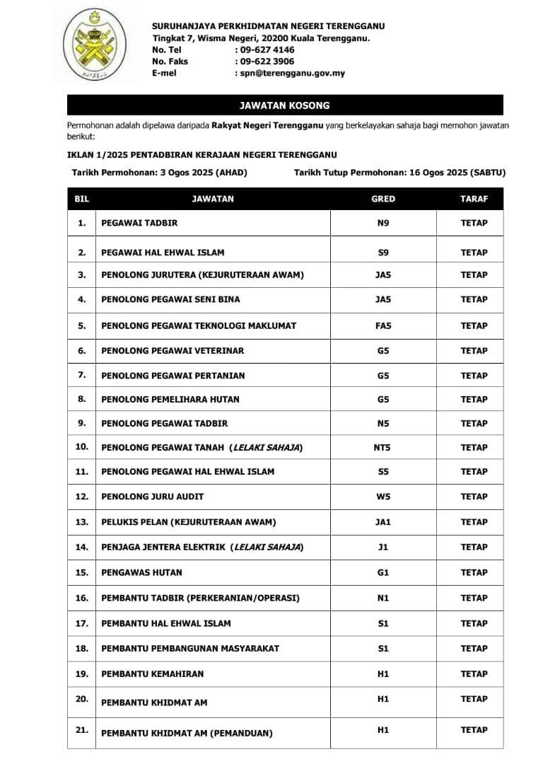Kerja / Jawatan Kosong Di Terengganu